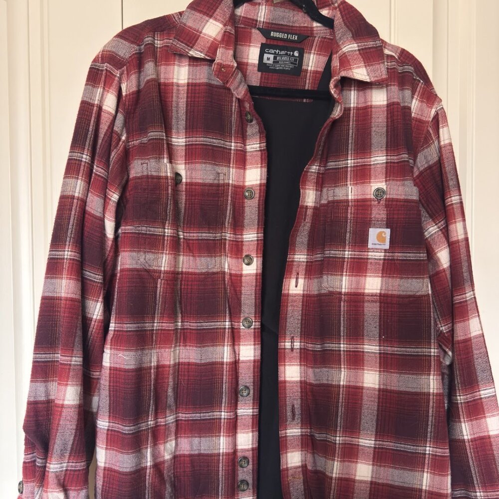 Carhartt Flannel Button Up Shirt Fleece Lined Relaxed‎ Fit Red Plaid Rugged Flex